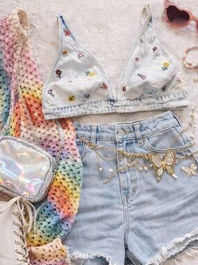 Wild Fable Denim Floral Embroidered Triangle Bralette Top Y2K Festival L